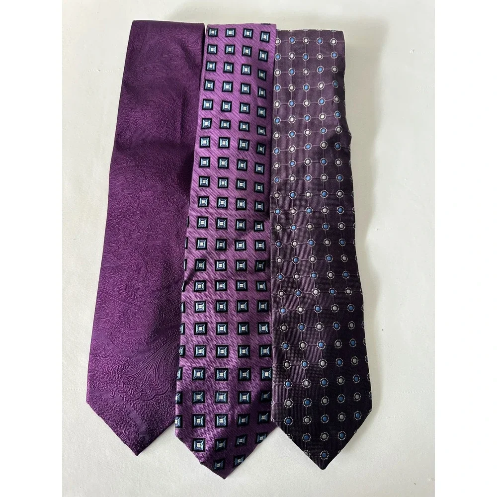 Jos A Bank Signature Collection Purple Silk Tie Lot of‎ 3 Paisley Geometric Mens